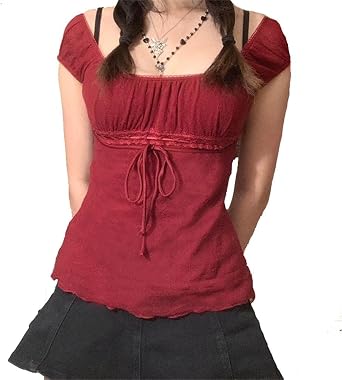 Women Sexy Off Shoulder Blouse Top Y2k Fairy Grunge Coquette Shirts Mesh Short Sleeve Lace Top 2000s Clothing