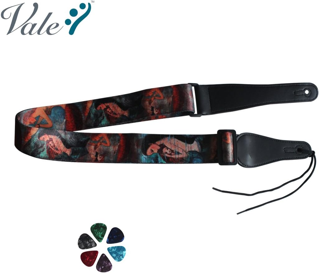 VALE Adjustable “Mermaid” Guitar Strap with Leather Ends and Pick Pocket for Electric/Acoustic Guitar