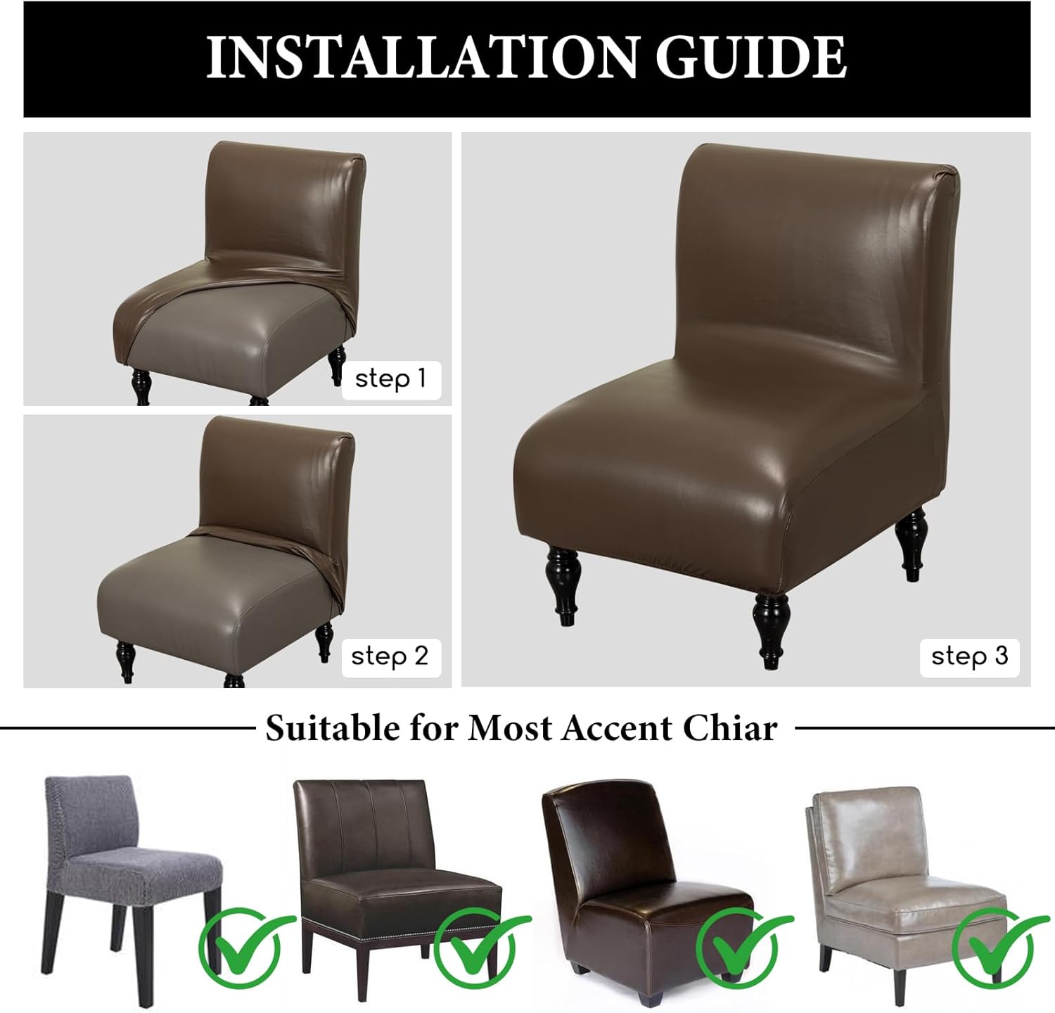 FUANGUI Armless Accent Chair Cover Slipcover, Waterproof PU Leather Stretch Chair Covers for Living Room Removable for Armless Chair Furniture Protector