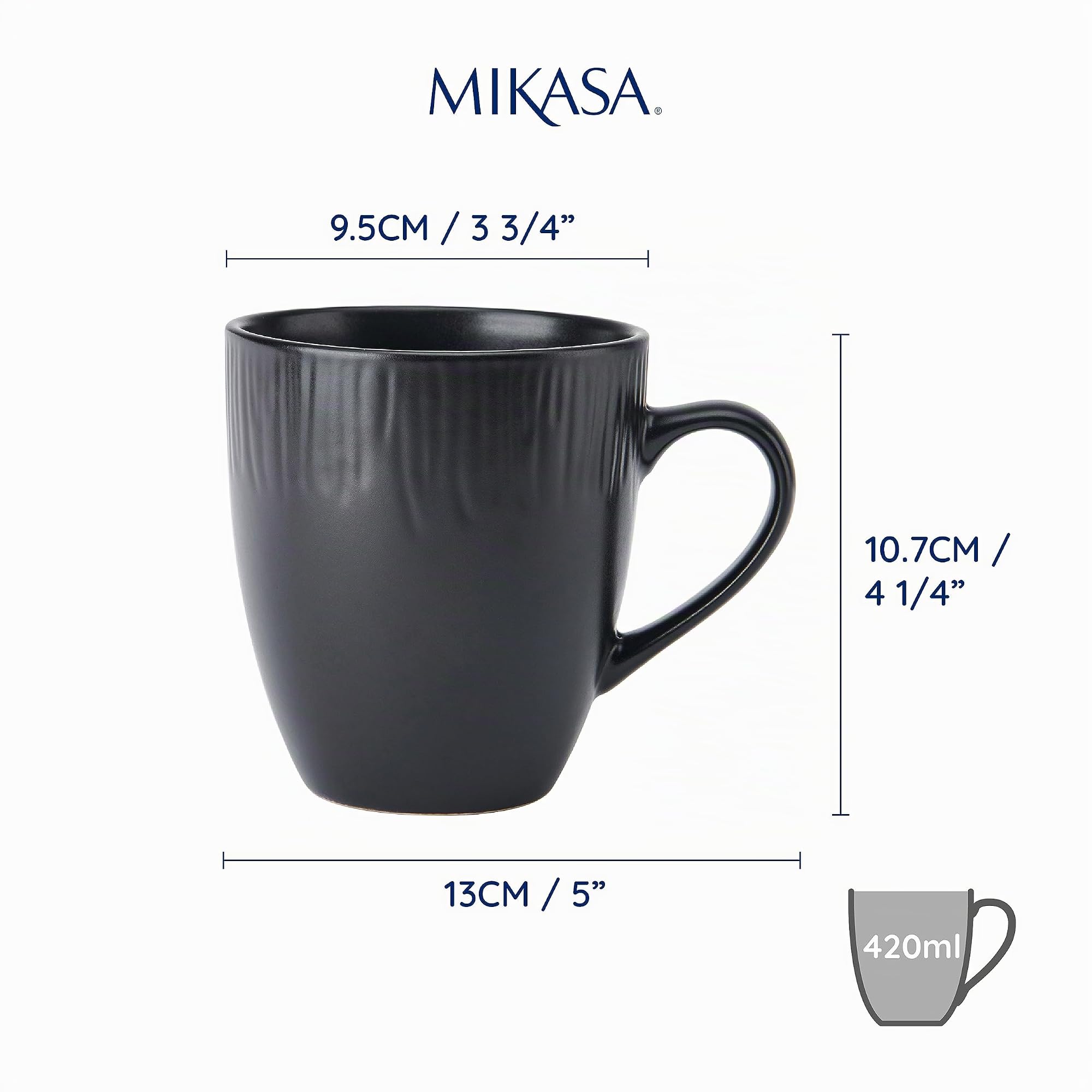 Mikasa Jardin Midnight Set de 4 tasses, noir, Set de 4 tasses, 420ml Tasses en grès pour le thé et le café - Emballage cadeau et lavable au lave-vaisselle
