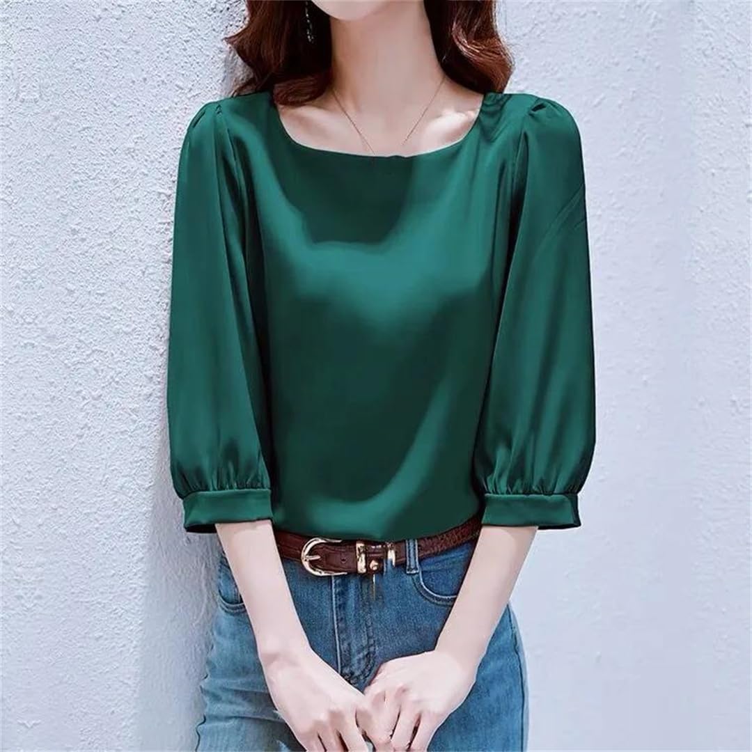 Yeuyyben Donne Elegante Raso Tre Quarti Manica Camicette Vintage Ice Silk Camicia Donna Casual Allentato Lanterna Manica Top