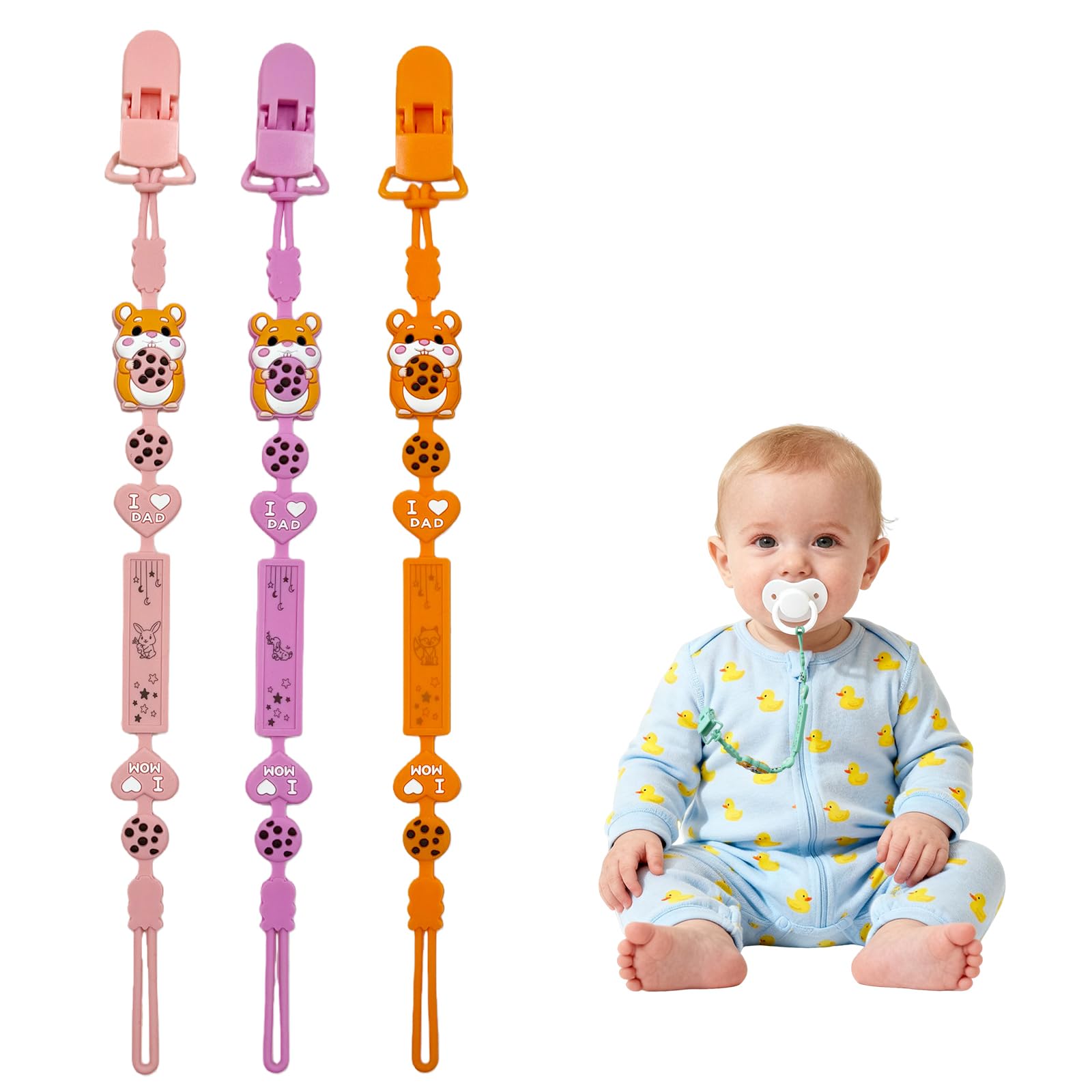 Catenella portaciuccio in silicone, 2 in 1 e design monoblocco, per neonati e ragazzi, senza BPA, confezione da 3 pezzi