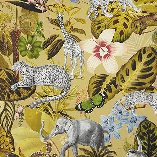 Tissu Toile Imprimé Numérique pour Rideaux et Coussins au Style Nature Fauna Vert Jaune en Coton