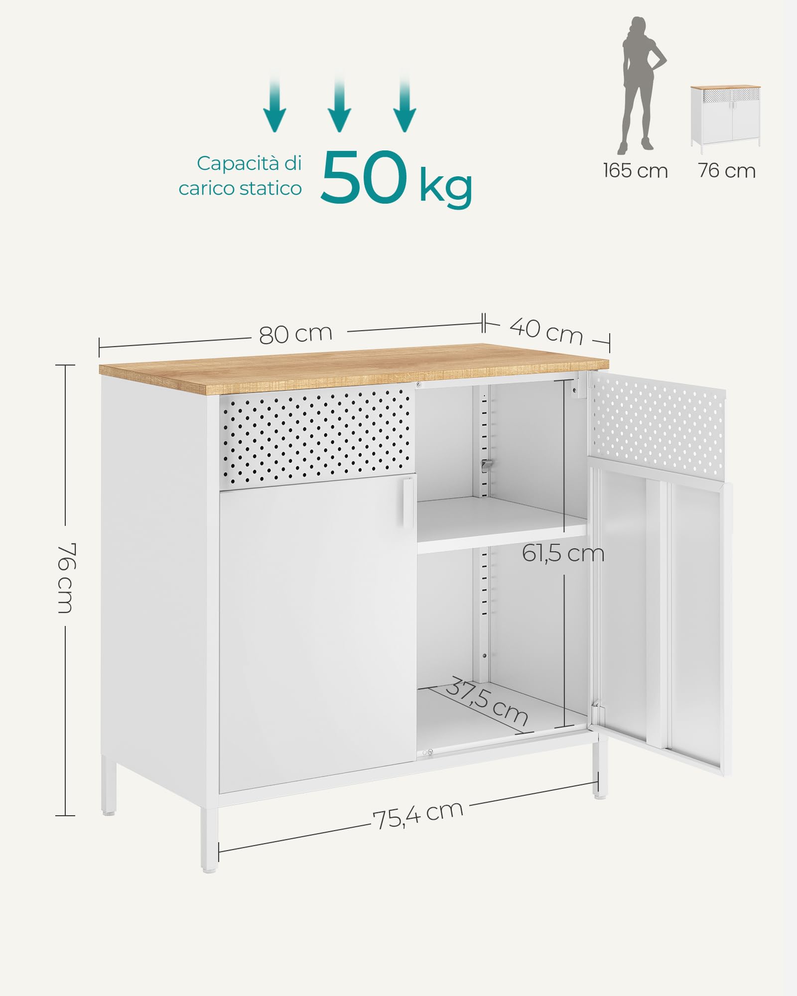 SONGMICS Mobile, Organizzatore, Armadio in Metallo, con Doppia Anta, Chiusura Magnetica, Ripiani Regolabili, Struttura in Acciaio, 40 x 80 x 76 cm, Beige Naturale e Bianco LSC102W57