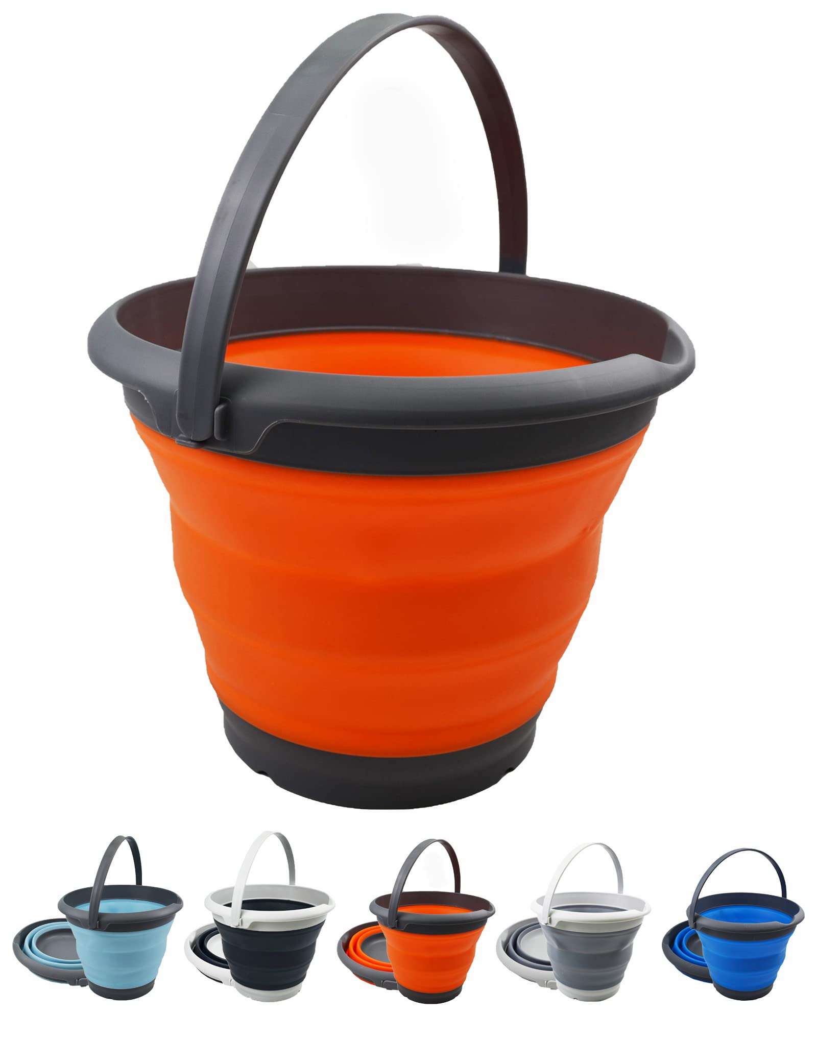 SAMMART 8.5L Collapsible Plastic Bucket - Foldable Round Tub - Portable Fishing Water Pail - Space Saving Outdoor Waterpot. Size 31cm Dia (Grey/Orange)