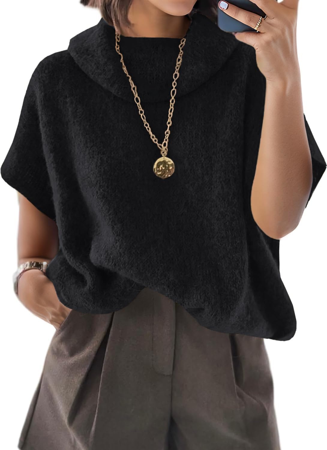 ZDC Womens Oversized Turtleneck Sweaters Short Batwing Sleeve Casual Slouchy Loose Fit Lightweight Pullover Knit Tops