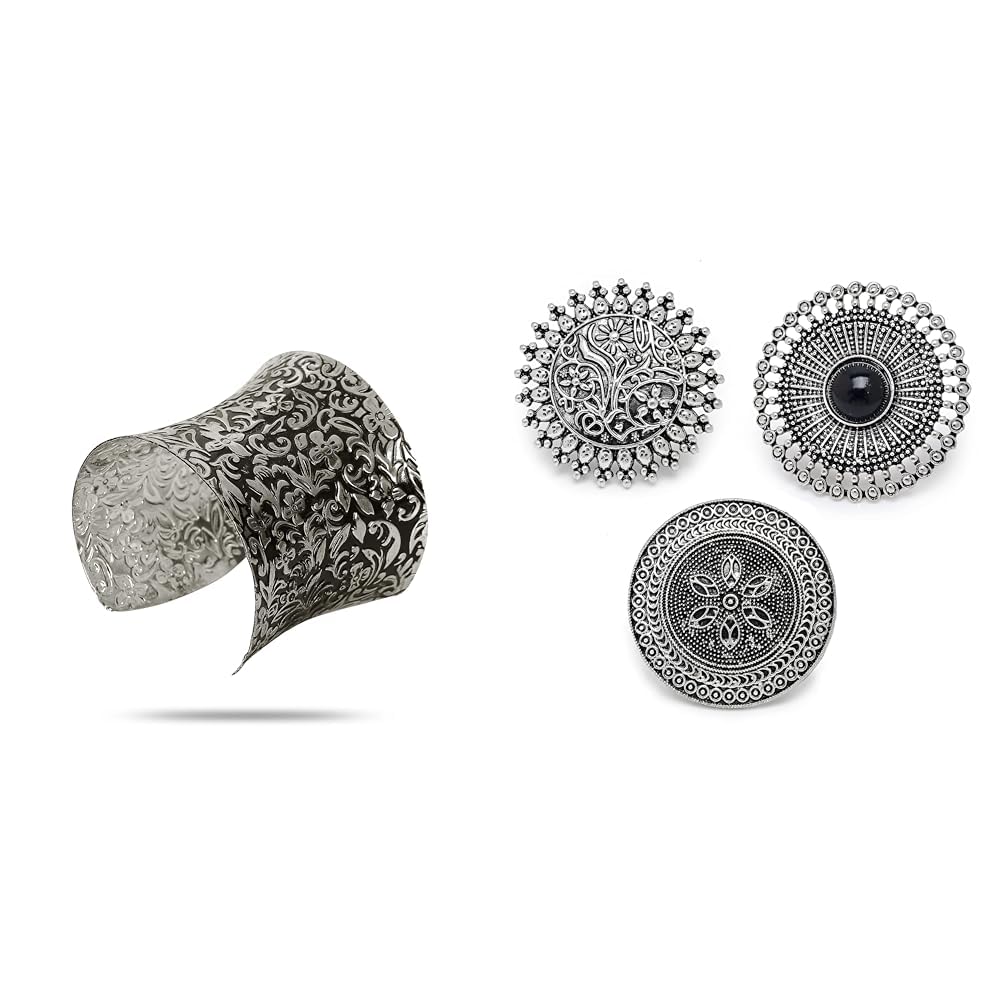 YouBella Jewellery Silver Plated Oxidised Cuff Bracelet Bangle and Girls (Style 5) Jewellery Afghani Tribal Oxidised Silver Plated Combo of 3 Rings and Girls (YBRG_20136)