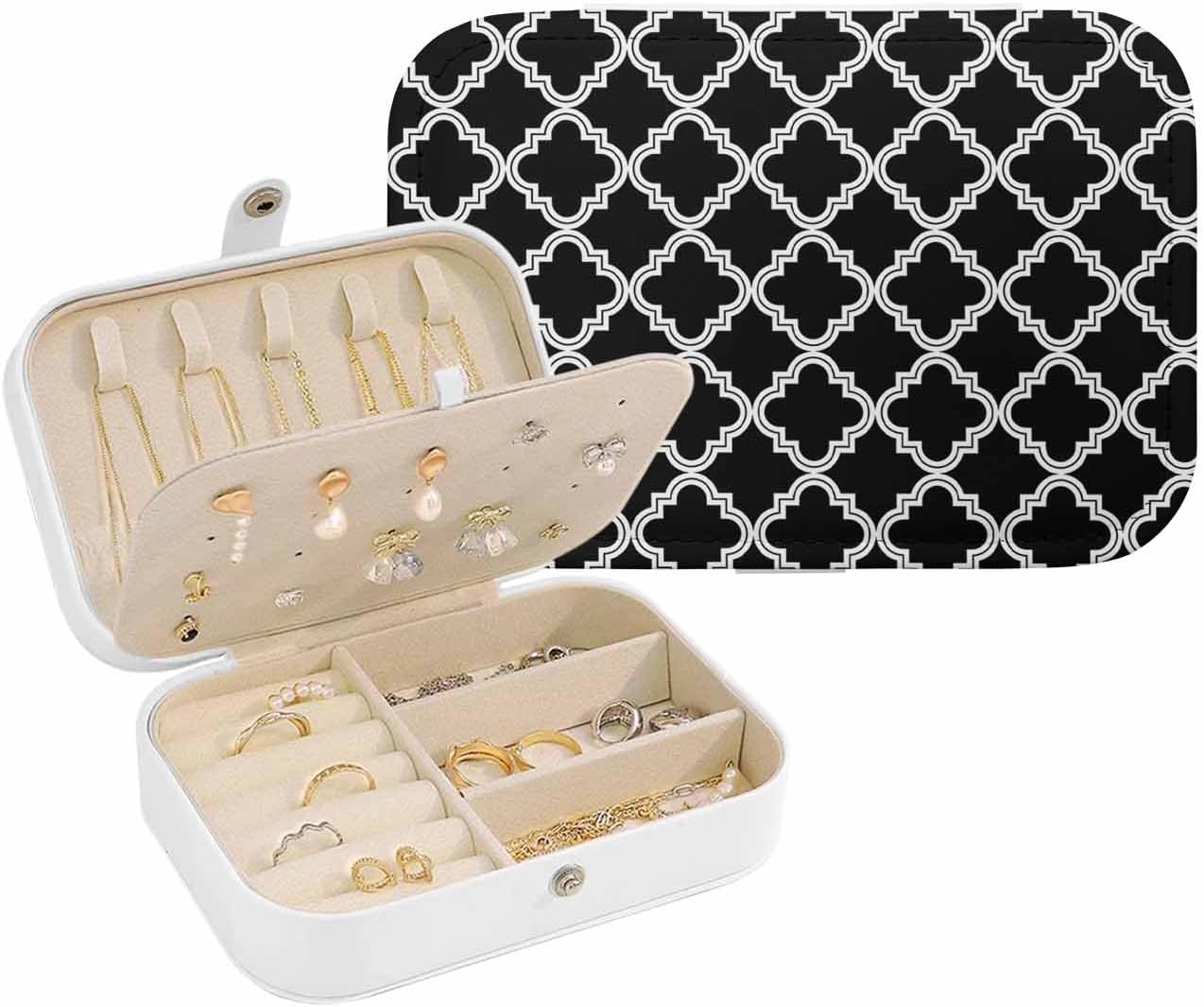 Modern Black Geometric Jewelry Organizer and Storage Box, Portable Travel Jewelry Box for Women, PU Leather Large 6.3x4.3x2 Inches, Abstract Art Morocco Aesthetic Earring Necklace Storage Case
