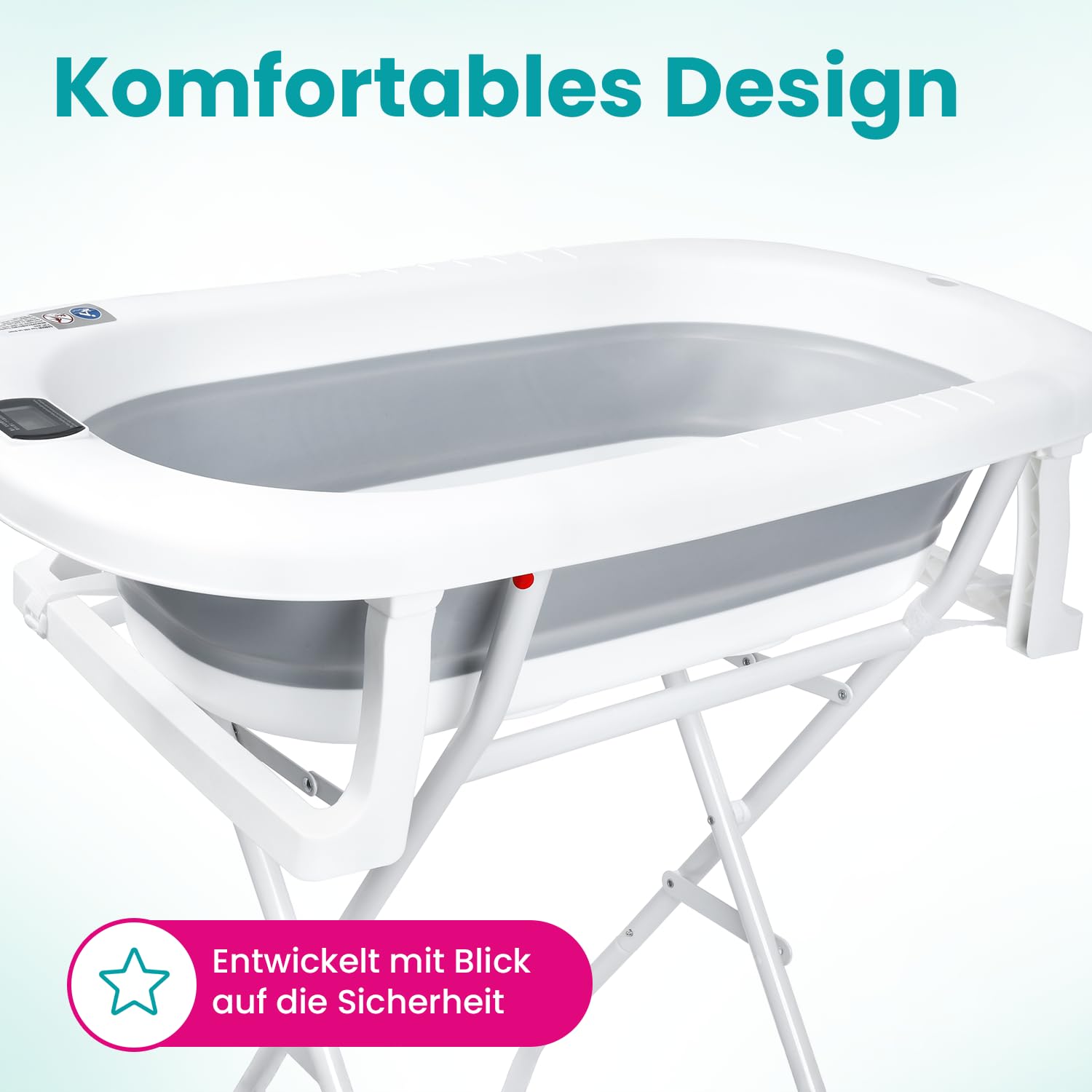 Primabobo Milo Faltbare Babybadewanne mit Gestell und Badesitz, Elektronischem LCD-Thermometer und Ablaufschlauch, Stabiles Bade-Set für Neugeborene und Babys, Grau