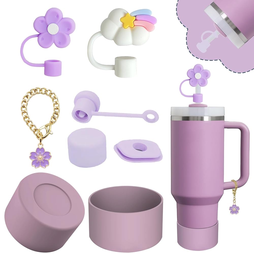 Stanley Cup Accessories Set,Including 2 Pcs 0.4in Straw Cover, 1 Silicone Spill-Proof Stopper Set of 3, 1 Cute Purple Flower Handle Charm, 1 Silicone Boot Fits Stanley 40&30 Oz Tumbler (Lilac)
