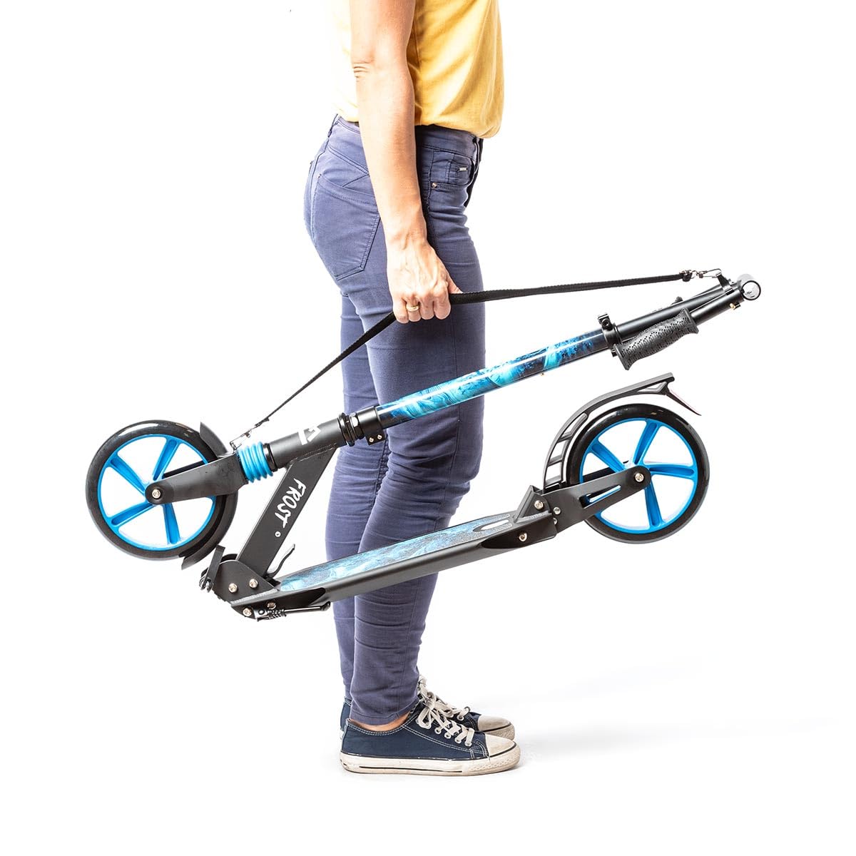 Trottinette Urbaine Pliable réglable à 3 hauteurs, Trottinette avec Grandes Roues, suspensions Avant et arrière, béquille et Sangle de Transport