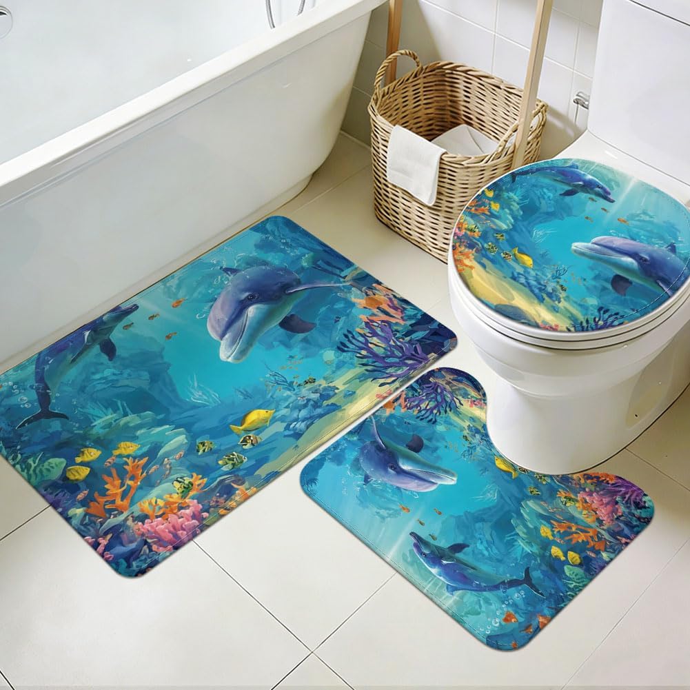 3Pcs Bathroom Rugs Set Washable Marble Floral Bathroom Carpets with Toilet Mats Soft Gradient Non Slip Bath Mat for Laundry Hotels Kitchen Tub Home Decor Purple