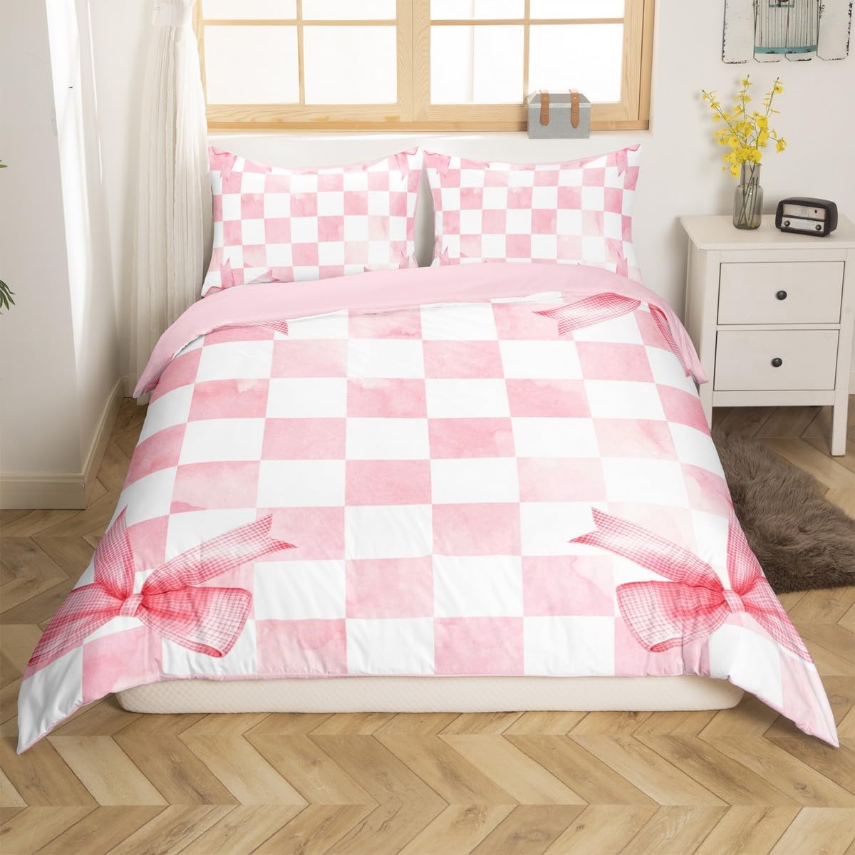 Pink Bowknot Kids Duvet Cover Set King Size,Geometric Grid Checkered Patchwork Fashion Bedding Set,Girls Women Room Decor,Bow Tie Knot Princess Chic Unique Quilt Cover,2 Pillowcases(No Comforter)