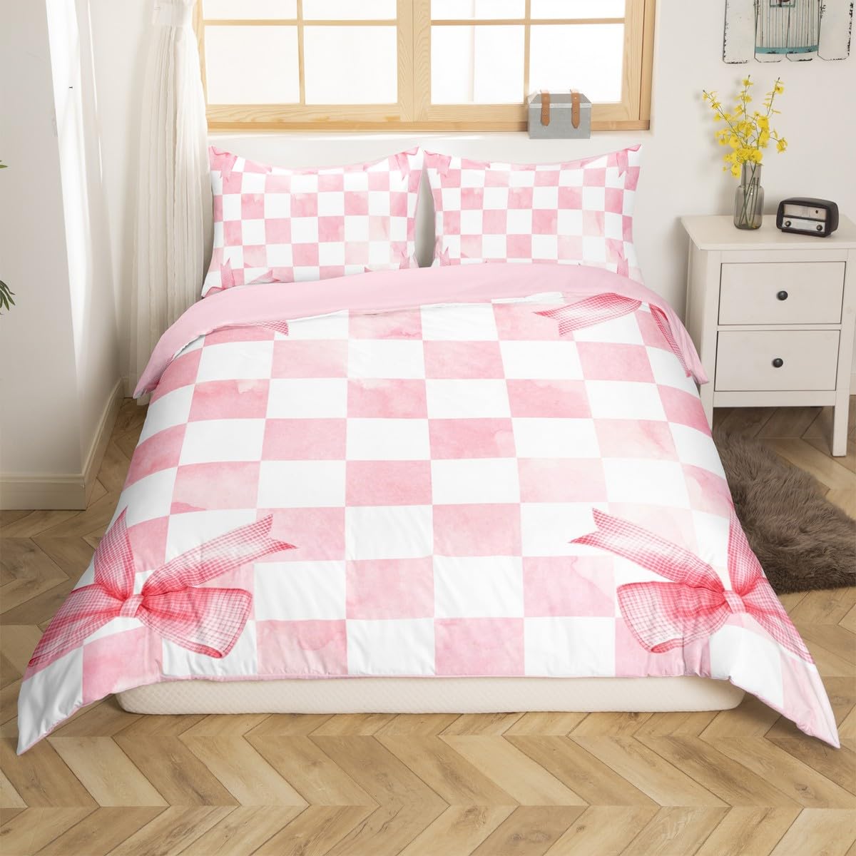 Housse de couette à motif géométrique à carreaux pour lit simple de fille avec nœud papillon