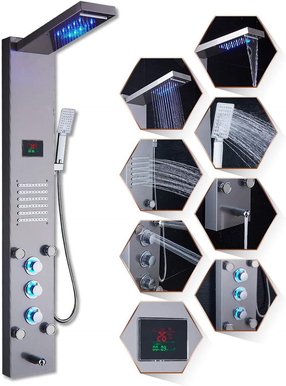 ELLO&ALLO LED Rainfall Waterfall Shower Head Rain Massage System with Body Jets, Stainless Steel Bathroom Shower Panel Tower System, Brushed Nickel