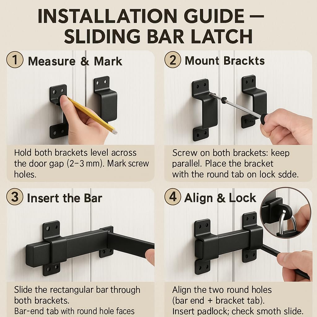 2 Pack Heavy Duty Slide Gate Latch Lock, 7.48" Black Powder-Coated Steel Barn Door Latch with Padlock Hole, Fence Gate Lock for Wooden Fences, Barn Doors, Outdoor Sheds, Garages