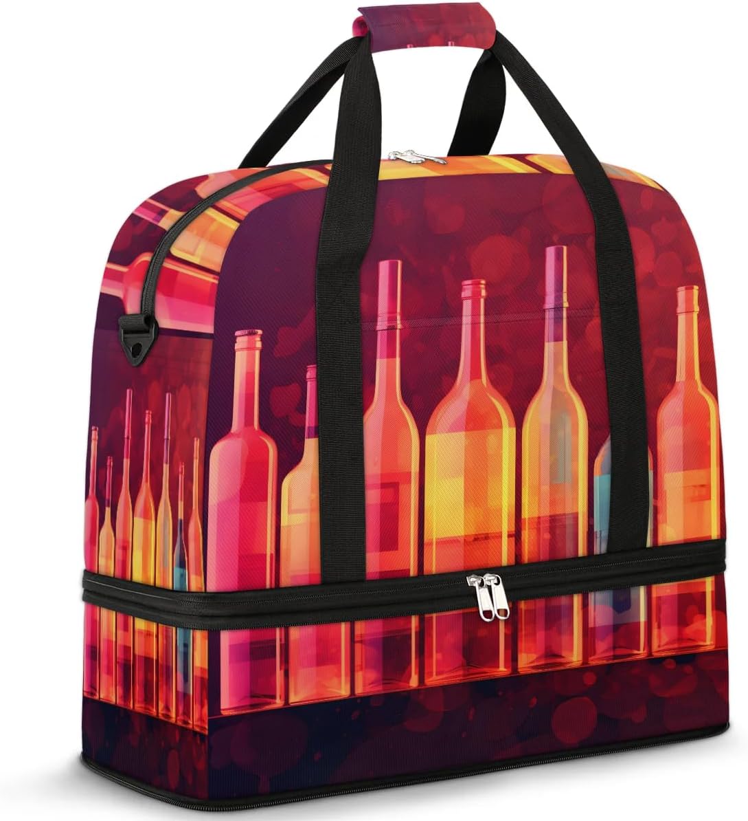 Sports Duffel Bag, Foldable Wine Travel Duffel Bag, Gym Yoga Beach Bag Weekender Overnight Bag with Shoes Compartment for Men Women, Red Wine Bottle