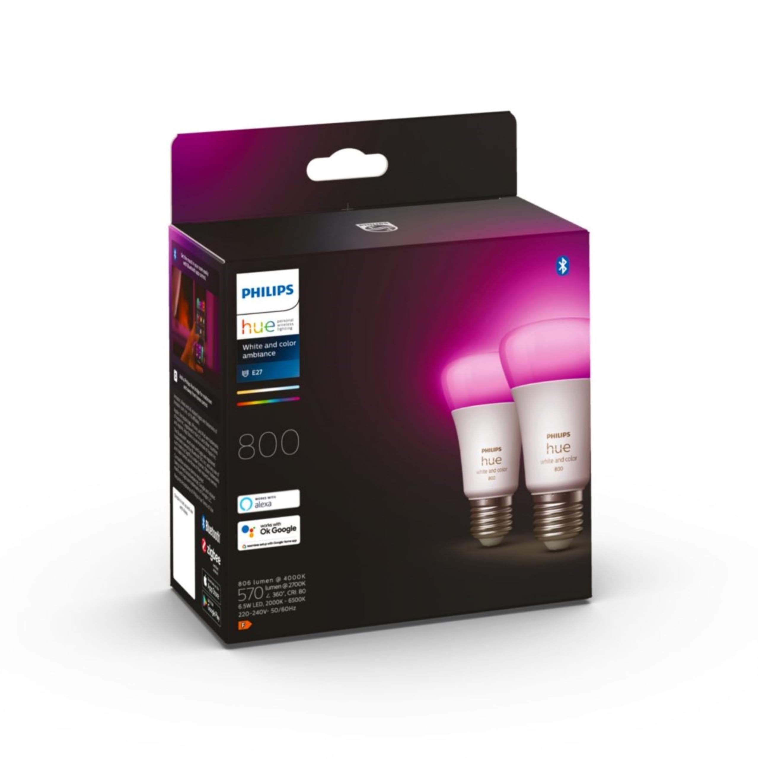 Philips Hue Philips Hue White & Color Ambiance Ampoules LED Connectées E27, équivalent 60W, 800 lumen, Compatible Bluetooth, pack de 2, fonctionne avec Alexa, Google Assistant et Apple Homekit