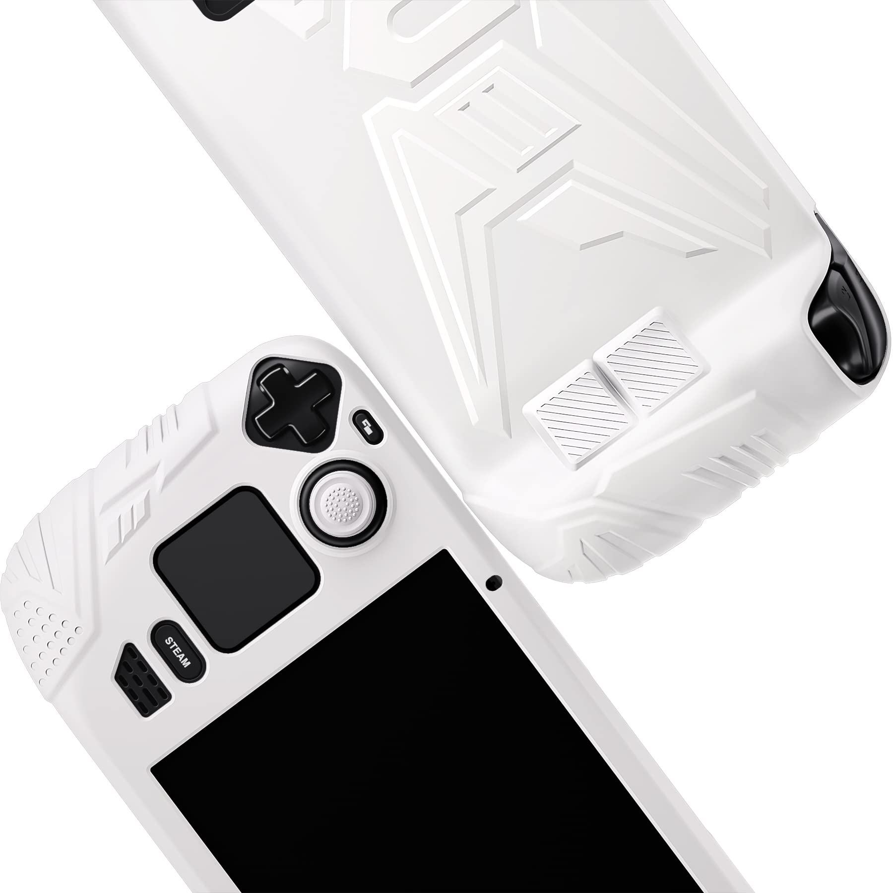 PlayVital Coque pour Steam Deck Console Accessoires,Housse Protection pour Steam Deck LCD avec Capuchons Joystick,Cover Silicone Souple avec Design Bouton Arrière-Blanc,Armor Série