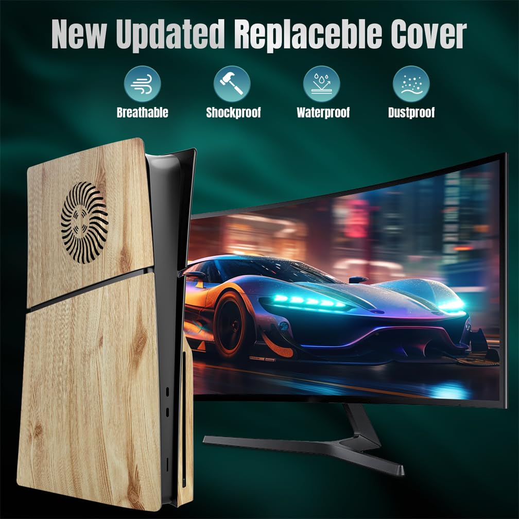 Für PS5 Slim Schutzhülle Faceplates, Ersatzplatte Shell Haut Staubdicht ABS Case Skin Hülle für PlayStation 5 Slim Zubehör 2023 Console Faceplates (Disc Version Holzmaserung Farbe)