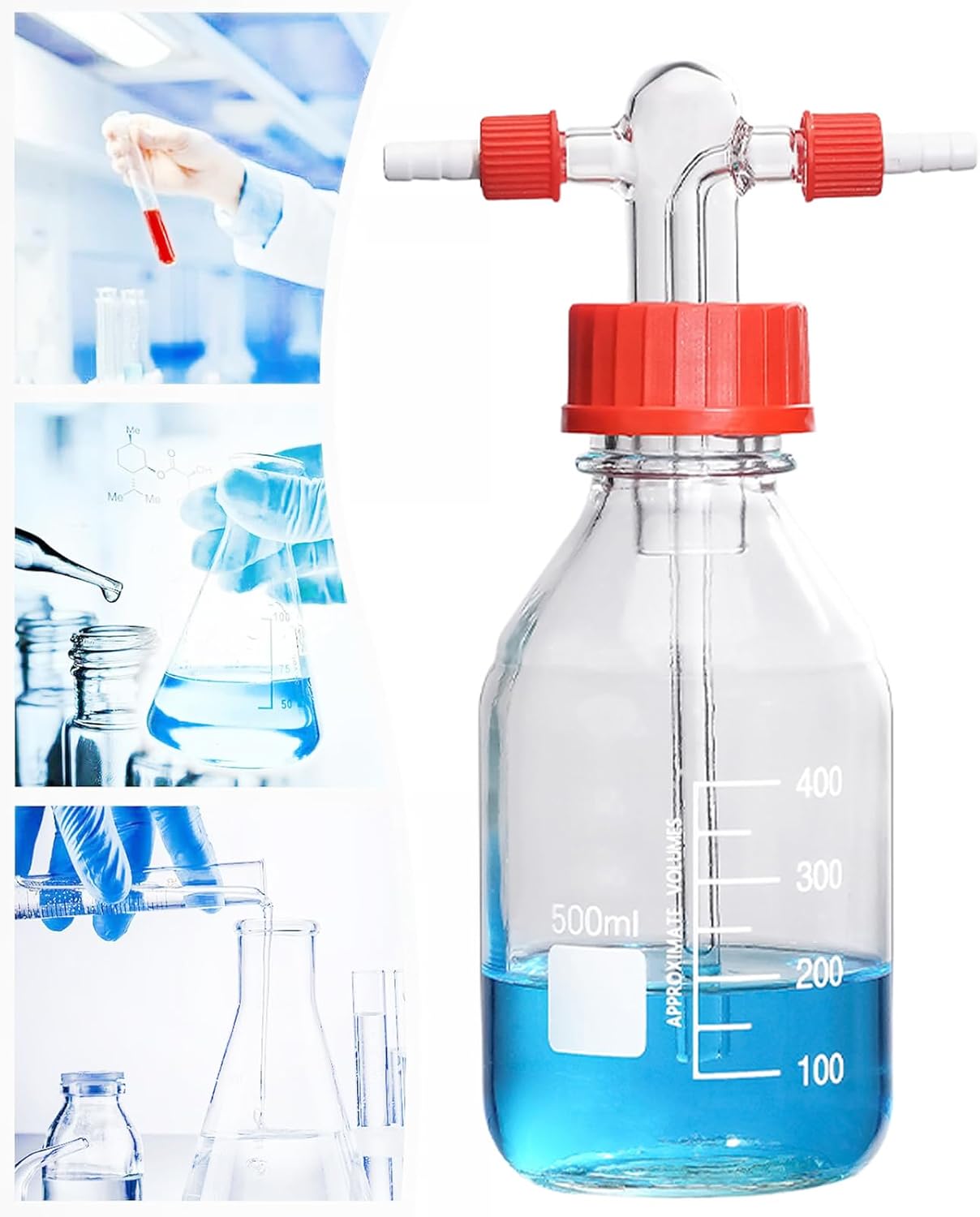 500ml Lab Glass Washing Bottle - Graduated Lab Buffer Bottle， Borosilicate Glass，Transparent (16.9 Ounces)