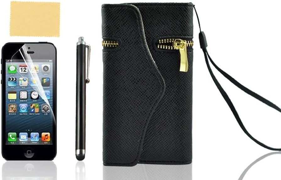 iphone 5S Case, Nccypo Wallet Purse Zipper Leather Case Cover with Credit Card Slots for iPhone 5(Black), with Screen Protector, Stylus and Cleaning Cloth