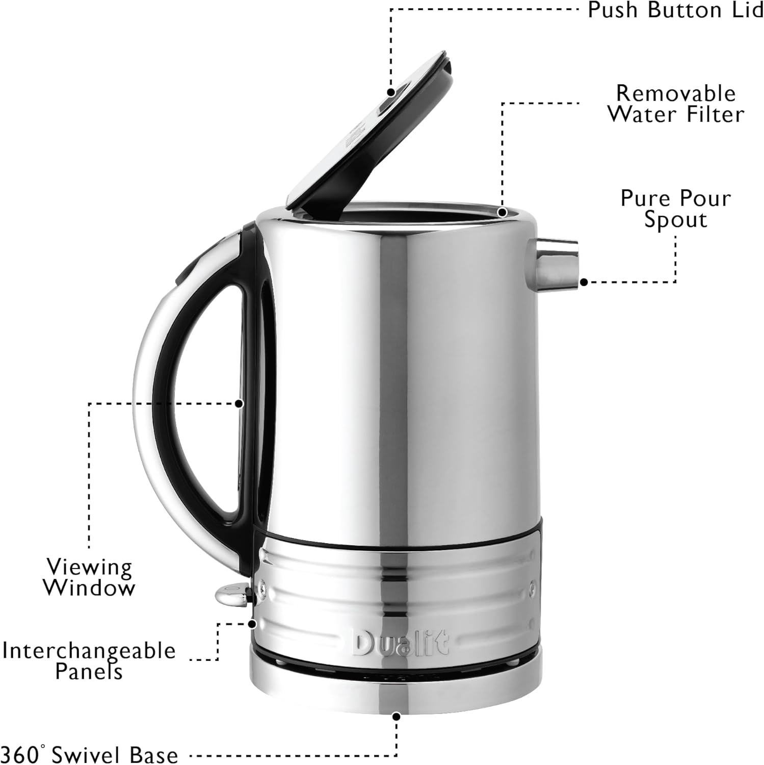 Dualit Design Series Kettle - 50.7 fl.oz - Stainless Steel Kettle with Black Trim - Rapid Boil and Patented Pure Pour Non-Drip Spout - Measuring Window with Cup Level Indicators