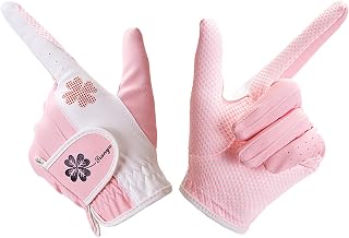 DINOWIN Women Pink Golf Glove One Pair Ladies Left Right Hand Clover Pattern PU Leather Anti-Slip Golf Glove with Ventilation Holes Cool and Comfortable