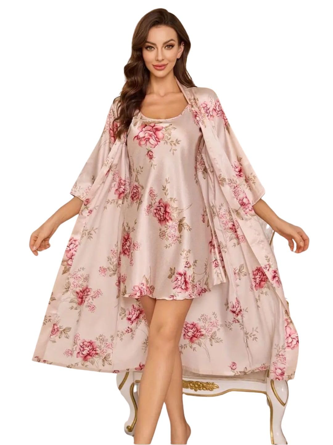 Women’s Premium Satin Floral Nightwear Set – Elegant Light Pink Short Nightdress with Matching Long Robe, Soft Silky Sleepwear for Women, Perfect for Night, Lounge & Bridal Wear-image-21