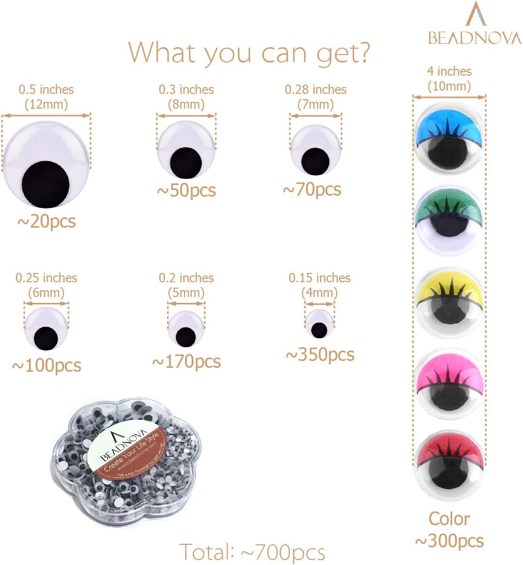 BEADNOVA Wiggle Eyes for Crafts 700pcs Self Adhesive Googly Eyes for Crafting Sticky Wiggly for DIY Craft Scrapbooking (700pcs Multicolors,Assorted Sizes)