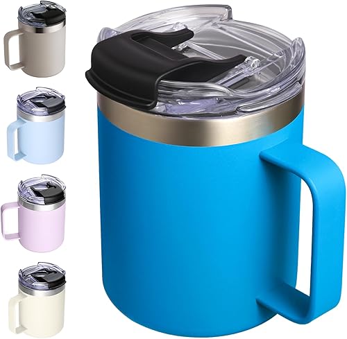 Miniatura 32 de Taza para café de acero inoxidable aislado con asa, de doble pared con tapa (12 onzas) Tapa giratoria: negro,Tapa giratoria: azul marino,Tapa