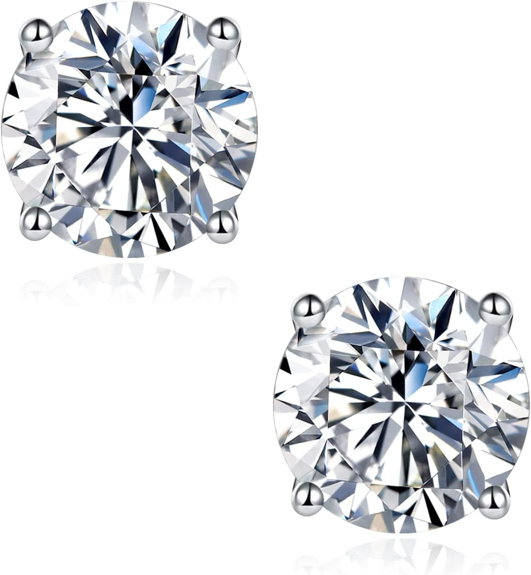 Imitation Diamond Moissanite Stud Earrings: 0.6-4ct 18K White Gold Plated 925 Sterling Silver Post Cartilage Earrings - Hypoallergenic Earrings for Women Men Sensitive Ears Piercing Studs