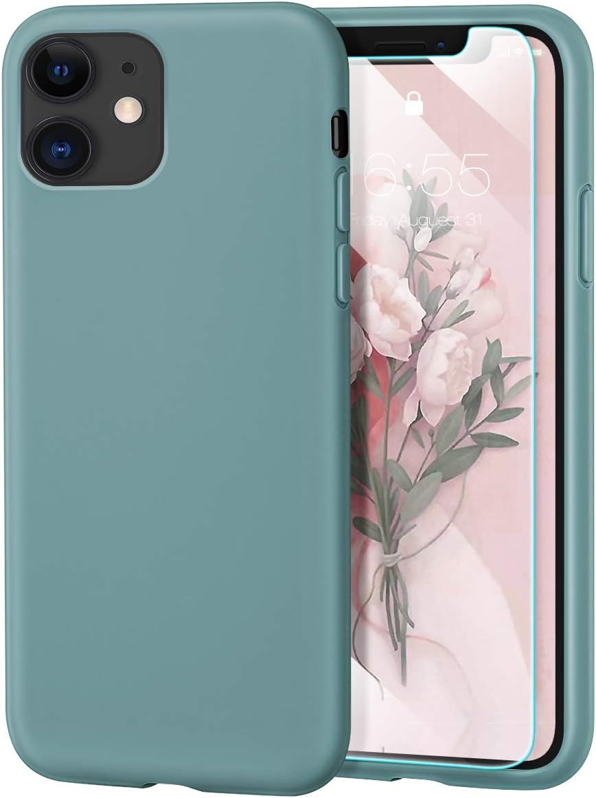 MILPROXCase Compatible for iPhone 11 with Screen Protector, Liquid Silicone Gel Rubber Shockproof Slim Shell with Soft Microfiber Cloth Lining Cushion Cover (2019 6.1")- Pine Green