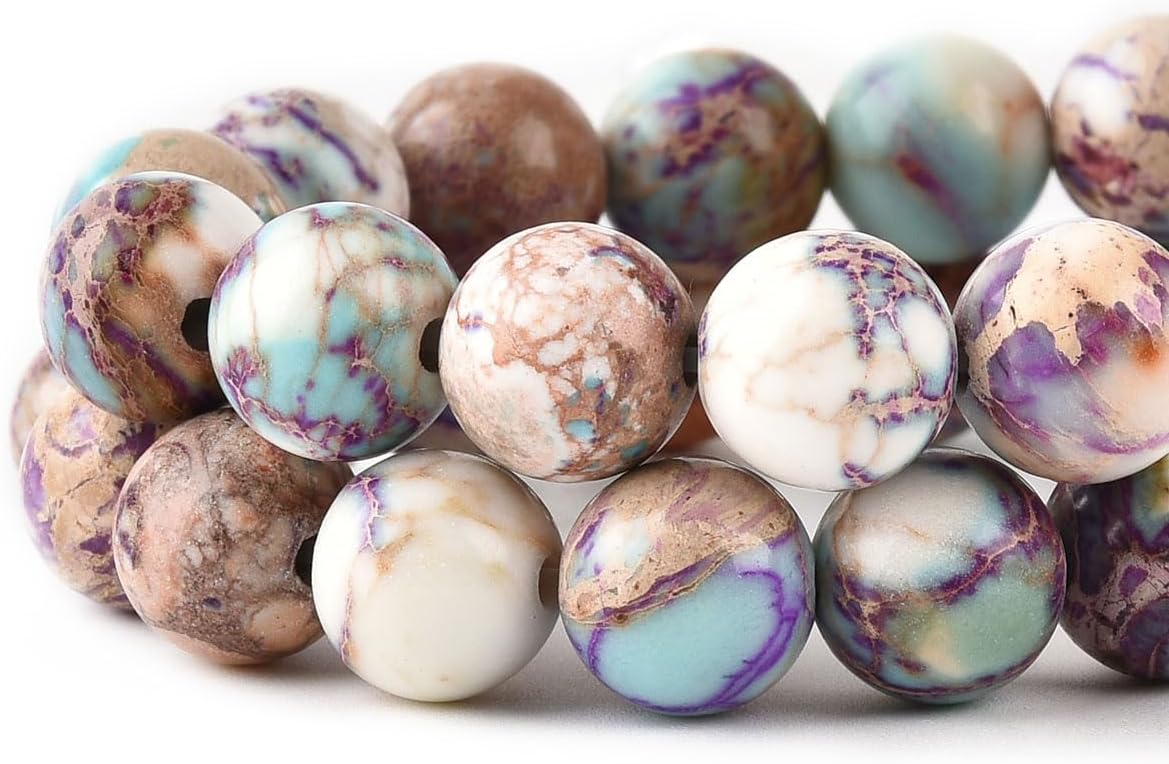 8mm White Purple Sea Sediment Imperial Jasper Round Gemstone Natural Stone Loose Beads for Jewelry Making Design Crafts 45 Pcs 15 Inch
