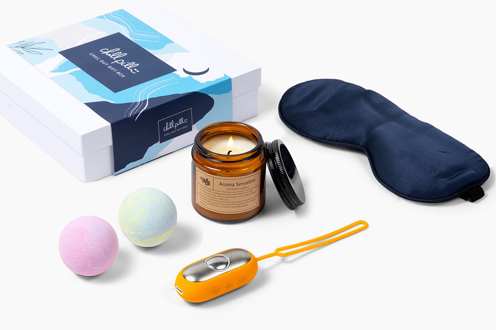 The Chill Pill & Unwind Gift Box - Sleep Mask, Bath Balls, Aromatherapy Candle, Natural Sleep Aid - Relaxing Spa Set for Stress Relief, Better Rest & Tranquility at Home
