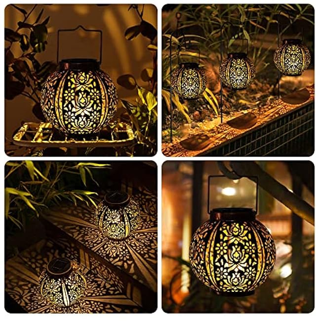 Solar Lanterns Outdoor Waterproof 2 Pack, Hanging Solar Lights for Outside Garden Decor, Decorative Moroccan Lanterns Garden Gifts for Women Mom, Yard, Patio, Porch Decorations