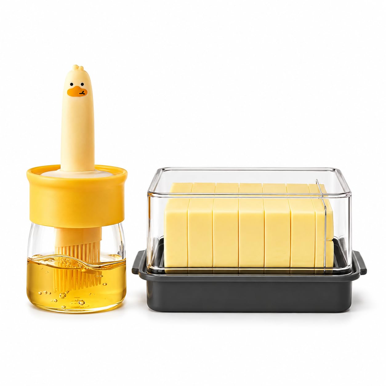 Duck Oil Dispenser Brush Bottle & Butter Cutter Slicer Storage Box Combo | 2-in-1 Silicone Basting Brush + Easy-Slice Butter Container with Lid | Kitchen & Breakfast Gift Set-image-8
