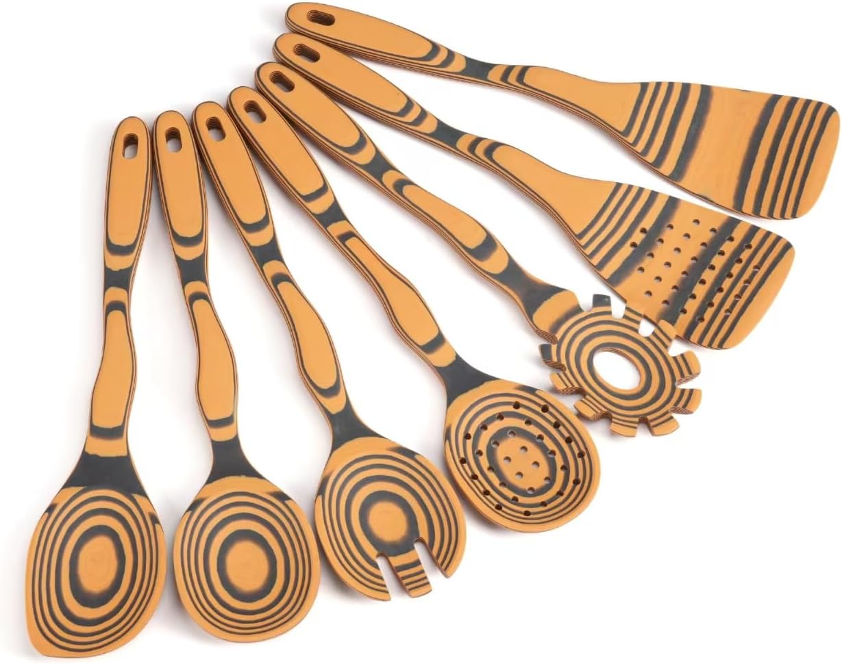 Professional Kitchen Wood Fiber Cooking Spoons|7-Piece Curved Handles Non-Scratch, Heat Resistant, Dishwasher Safe Wooden Utensil Set for Non-Stick Pans, Sauce Making, Stirring & Serving|Kitchen Gifts