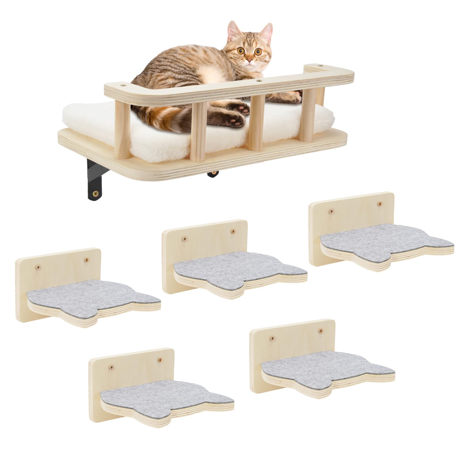 Photo 1 of **missing hardware** Cat Wall Shelves with 5 Steps, Cat Shelves and Perches for Wall, Cat Wall Furniture Cat Climbing Shelf for Indoor with Plush Covered, Gift for Medium/Small Cat (Gray Steps, 1pack) 1pack gray steps