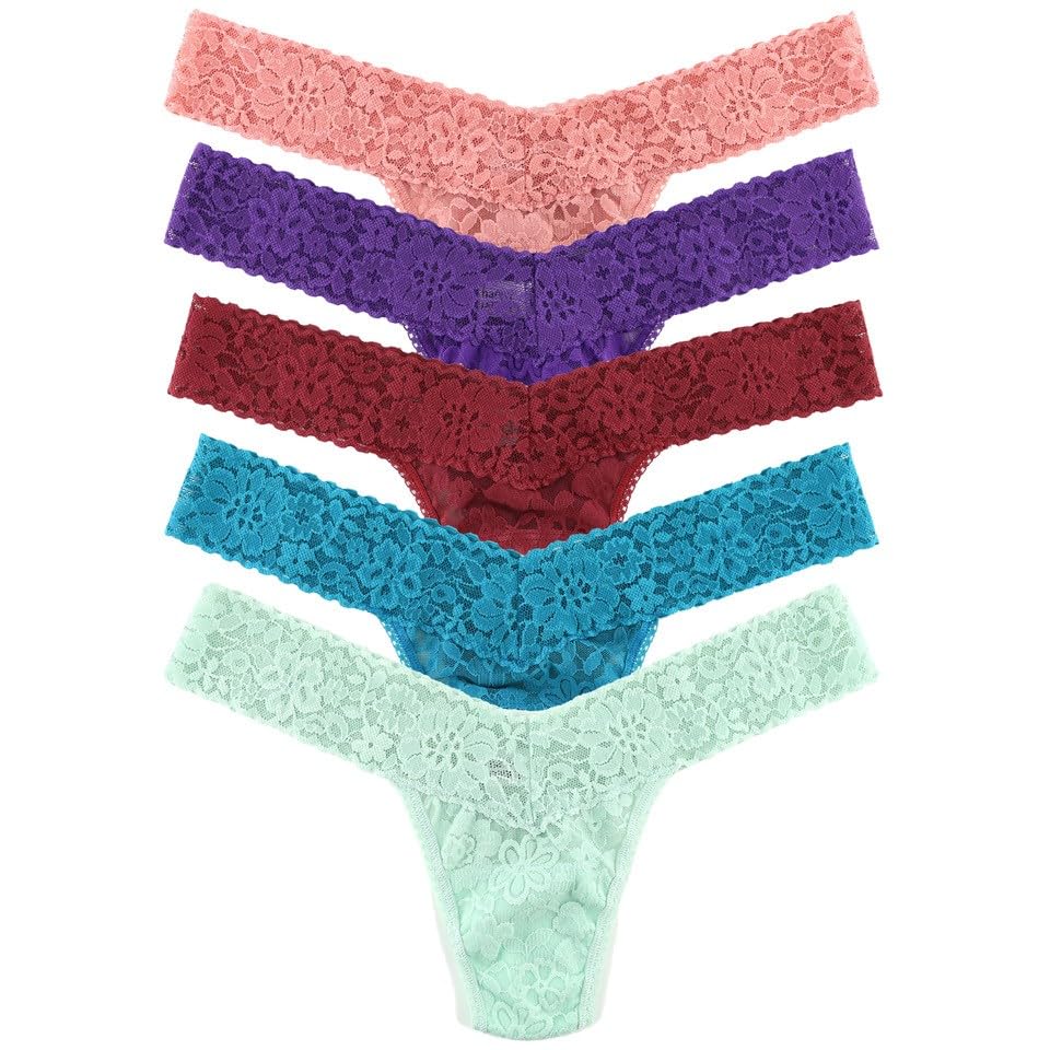 Hanky Panky Codzienne koronkowe stringi z niskim stanem – damskie majtki ze stretchu, koronkowe majtki, zestaw 5 sztuk, stringi damskie z niskim stanem, bawełna i nylon, zestaw bielizny damskiej,