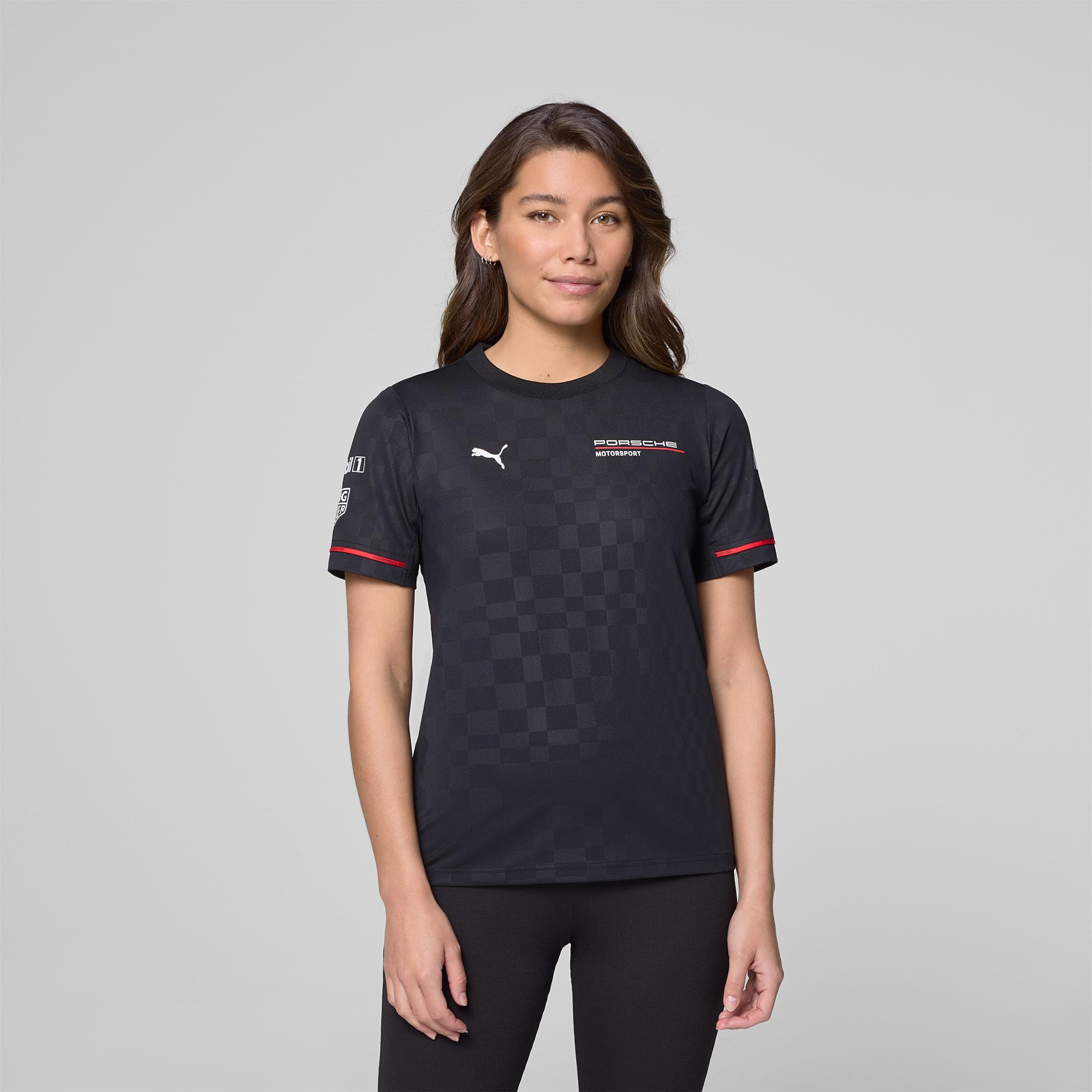 PUMA Porsche Motorsport Damen Team T-Shirt - Schwarz | Tonaler Alloverdruck auf Stoff, Porsche Motorsport Team Logo Druck auf der Brust