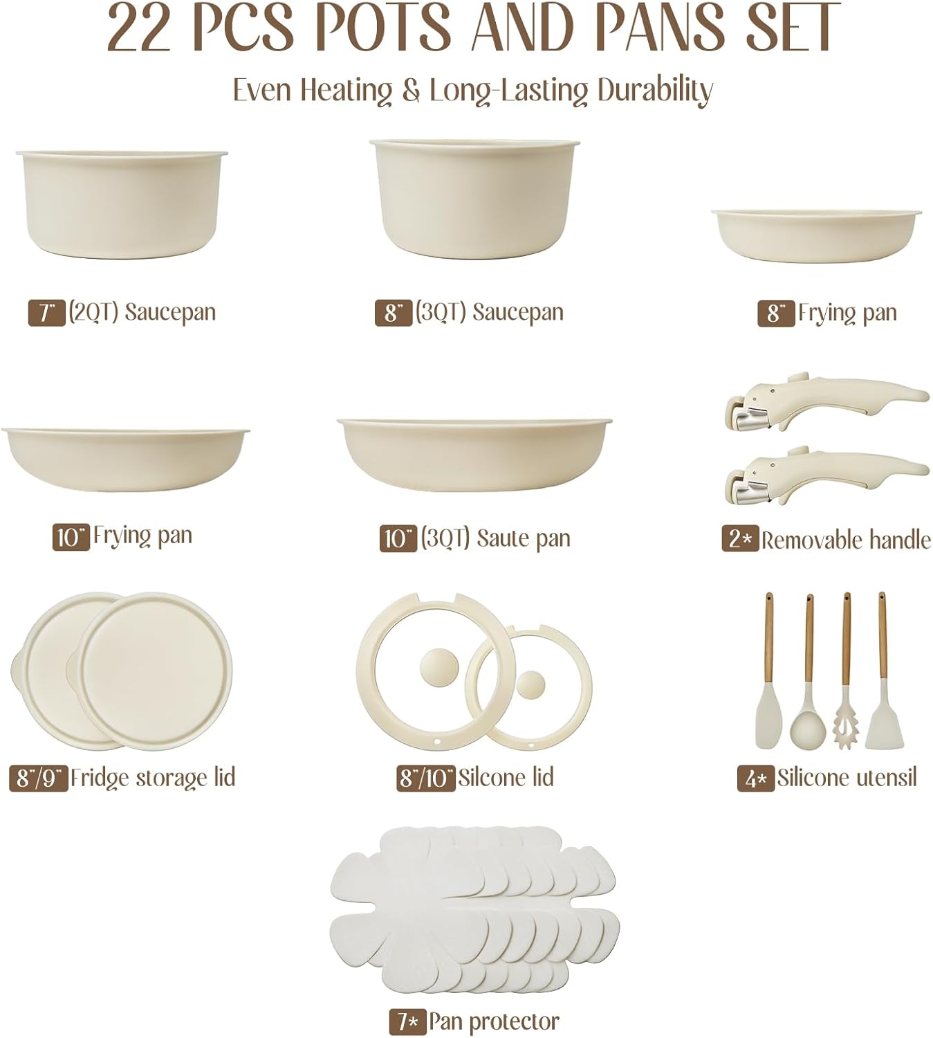22PCS Non Stick Pots and Pans Set - Healthy Nonstick Cookware Set, Detachable Handle, Induction Kitchen Cooking Sets, Dishwasher/Fridge/Oven Safe, Space Saving, Beige