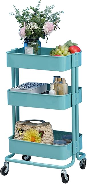 CLIPOP 3 Tier Rolling Utility Cart,Kitchen Storage Trolley Metal Mesh Basket Standing Shelf with Wheels, Serving Trolley for Home Kitchen and Restaurant Furniture