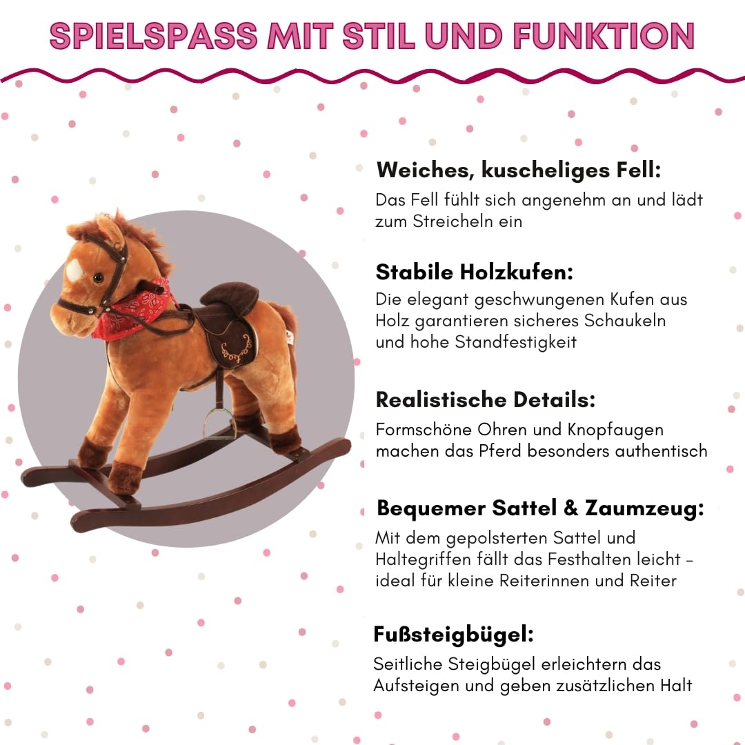Bayer Chic 2000 Schaukelpferd Cowboy mit Sound Plüsch Schaukeltier braun | Plüsch-Schaukeltier mit Sound (Wiehern & Galopp) & beweglichen Lippen. Sattelhöhe 46cm. Mit Steigbügeln, Zügeln & Holzgriffen