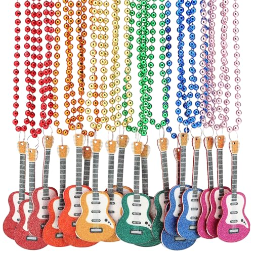 Solsew 24 Pieces Guitar Bead Necklaces Bulk Mardi Gras Bead Necklace Multi Colors 80s Party Throw Beads Parade Guitar for Music Party Decoration Accessories