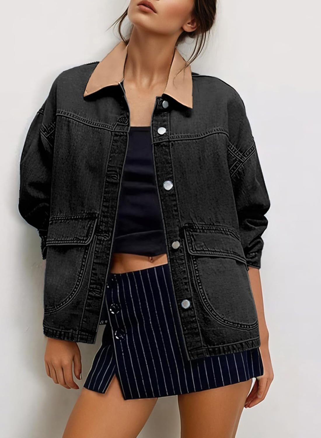 EVALESS Women's Oversized Jean Jacket Button Down Contrast Trim Barn Jackets Trendy Boyfriend Denim Jacket With Pockets - Image 2