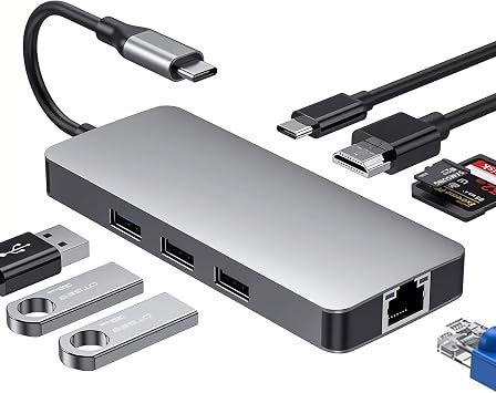محول USB C إلى HDMI متعدد المنافذ، USB C 8 في 1 Hub مع RJ45 إيثرنت، 4 K @ 30 هرتز HDMI، 100 W PD، USB 3.0 & 2 USB 2.0، SD & TF، Type C Dock for Thunderbolt 3، MacBook Air/Pro، السطح، إلخ