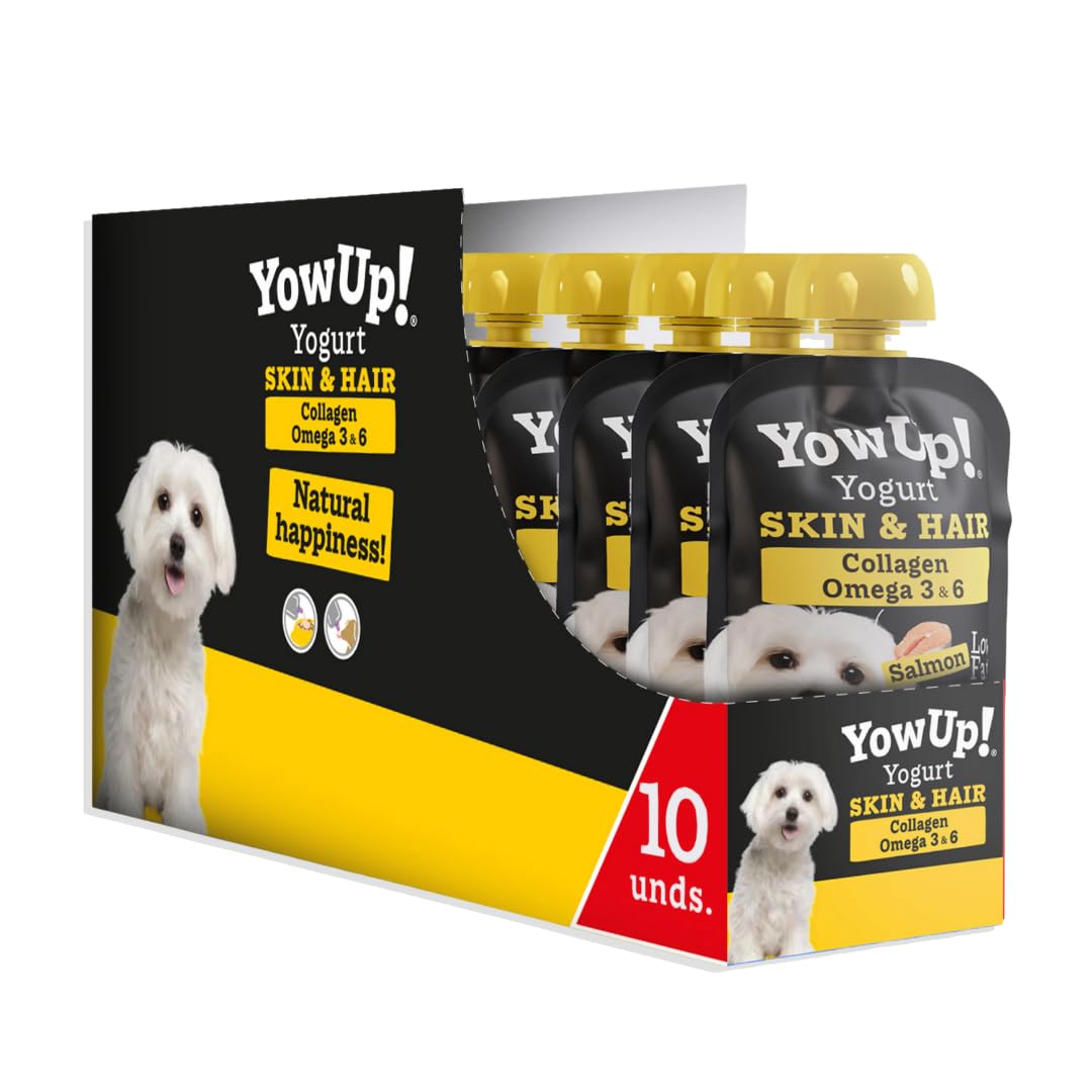 YowUp! Yogur para Perros Piel y Pelo | con Omega 3, 6 y Biotina | Pack Caja Display 10×115 g | Sin Lactosa, Sin Azúcares, Snack Funcional Saludable