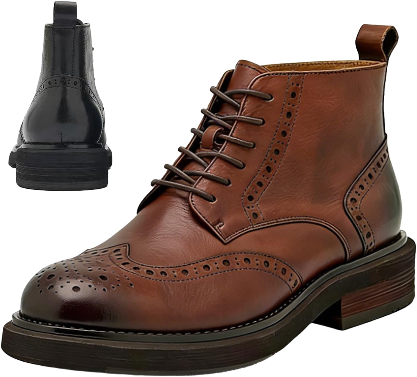 Men's Genuine Leather Casual Chelsea Boots,Classic Trendy Carved Wingtip Comfort Dress Lace-Up Ankle Chukka Boots