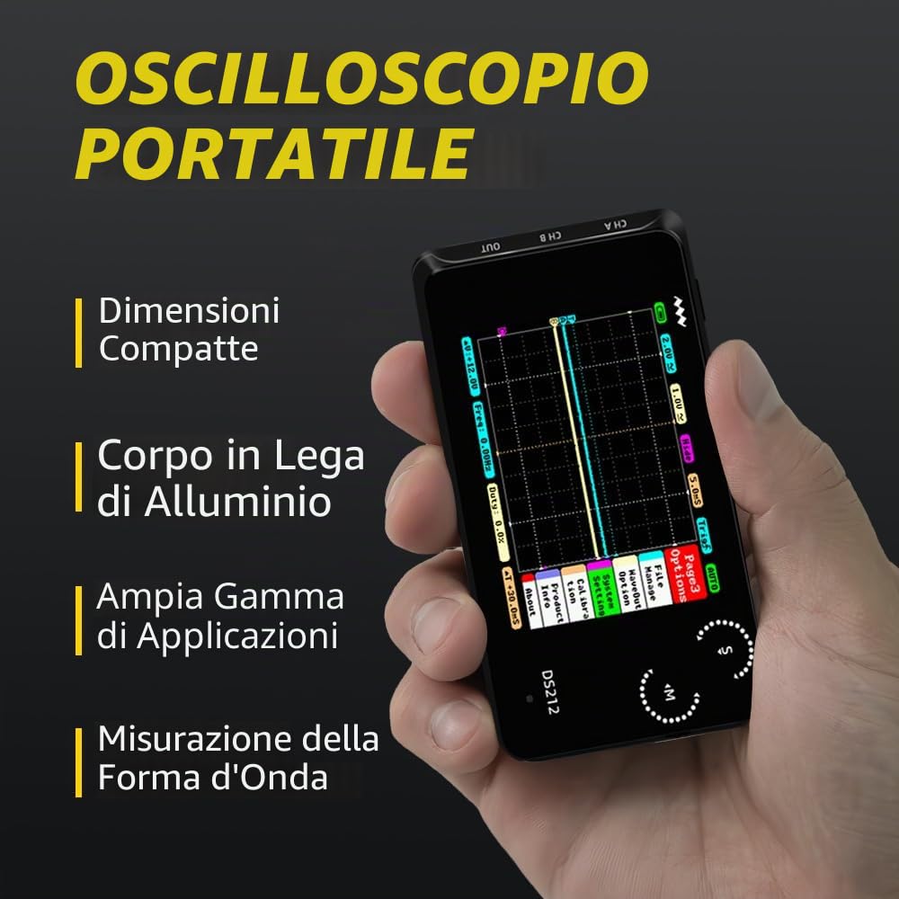 MINIWARE Oscilloscopio Tascabile DS212, Portatile Ridotte Palmare, Batteria Ricaricabile Incorporata, 2 Canali, Larghezza di Banda 1 Mhz, Oscilloscopio Entry Level per Principianti